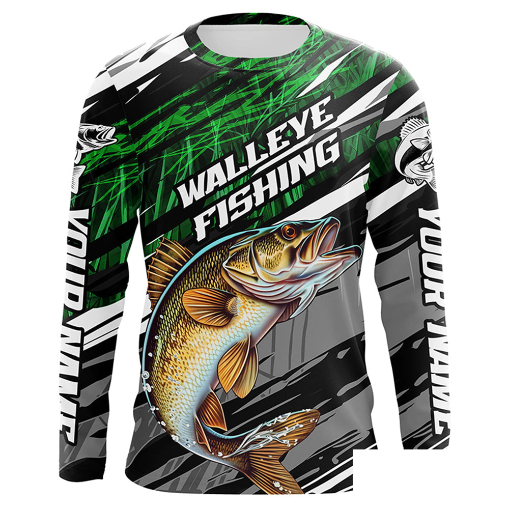 Walleye Fishing Camo Long Sleeve Fishing Shirts, Custom Walleye Tournament Fishing Jerseys | Green IPHW5956