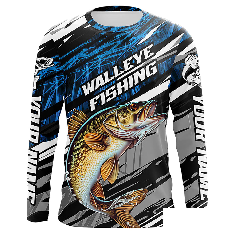 Walleye Fishing Camo Long Sleeve Fishing Shirts, Custom Walleye Tournament Fishing Jerseys | Blue IPHW5957