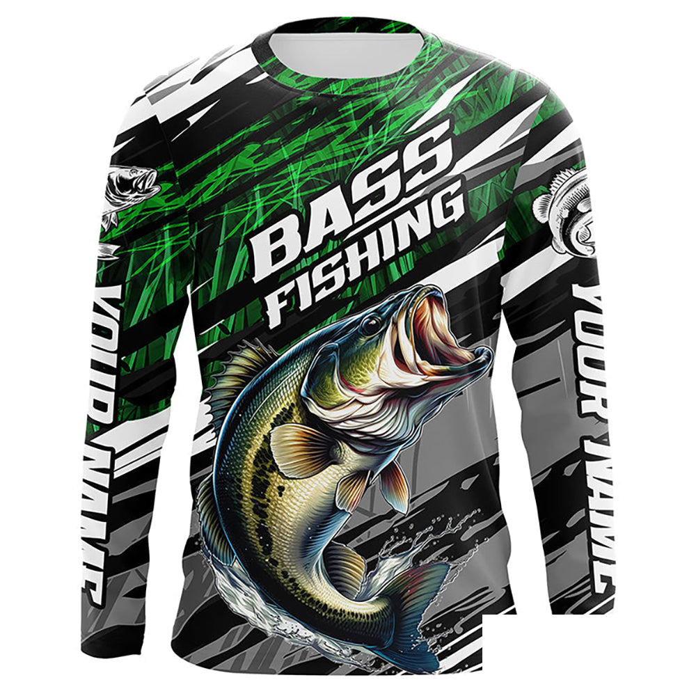 Bass Fishing Camo Long Sleeve Fishing Shirts, Custom Bass Tournament Fishing Jerseys | Green IPHW5958