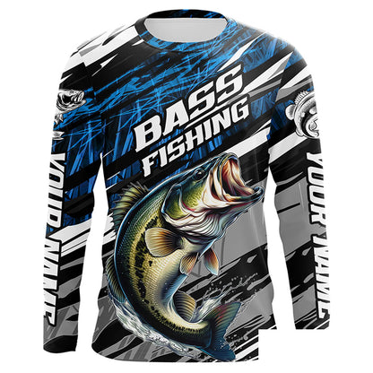 Bass Fishing Camo Long Sleeve Fishing Shirts, Custom Bass Tournament Fishing Jerseys | Blue IPHW5959