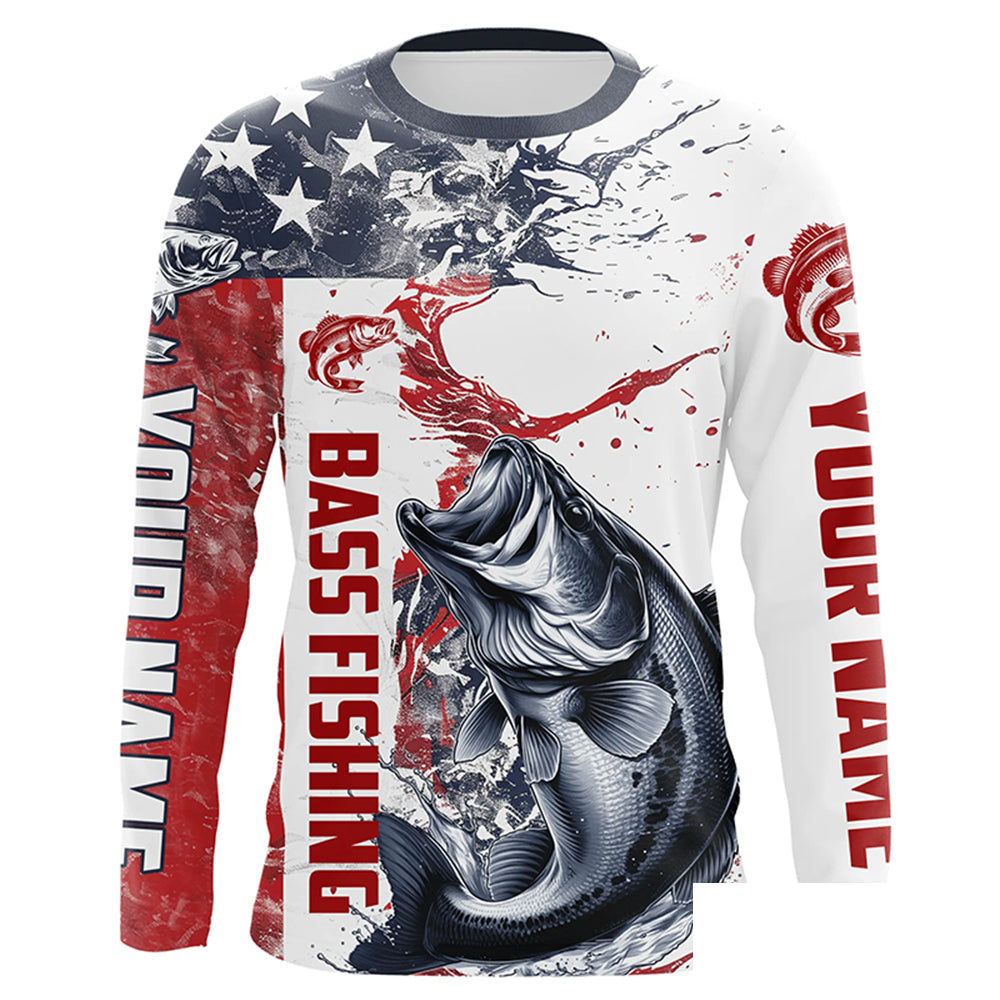 Personalized American Flag Bass Fishing Shirts, Bass Long Sleeve Tournament Fishing Jerseys IPHW6004