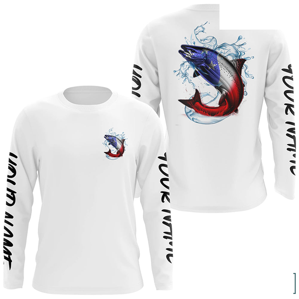 Personalized American Flag Chinook Salmon Fishing Shirts, Patriotic Salmon Long Sleeve Fishing Shirt IPHW6273