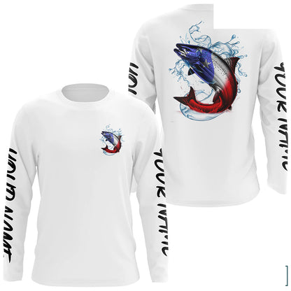 Personalized American Flag Chinook Salmon Fishing Shirts, Patriotic Salmon Long Sleeve Fishing Shirt IPHW6273