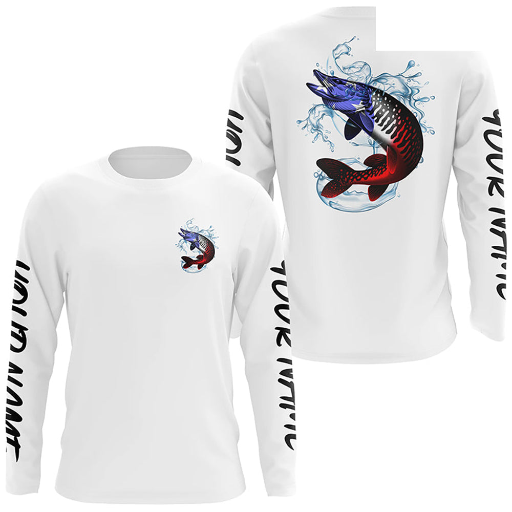 Personalized American Flag Musky Fishing Shirts, Patriotic Muskie Long Sleeve Fishing Shirts IPHW6274