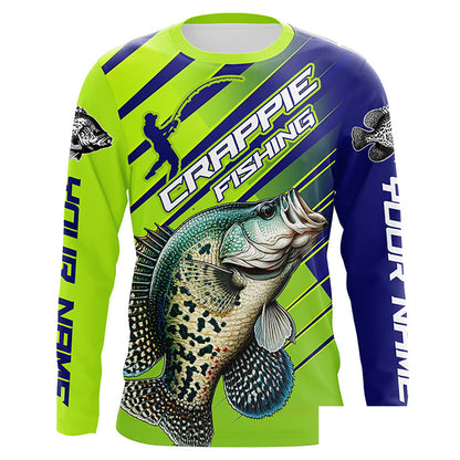 Crappie Fishing Custom Long Sleeve Tournament Shirts, Green And Blue Crappie Fishing Jerseys IPHW6280