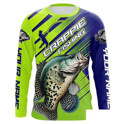 Crappie Fishing Custom Long Sleeve Tournament Shirts, Green And Blue Crappie Fishing Jerseys IPHW6280