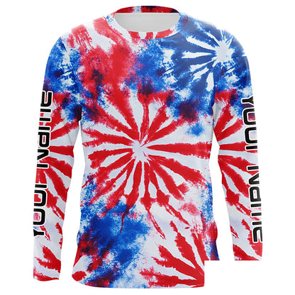 Red, White And Blue Tie Dye Custom Patriotic Long Sleeve Fishing Shirts, Performance Fishing Shirts IPHW7342