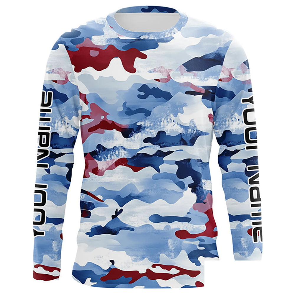 Red, White And Blue Camo Custom Patriotic Long Sleeve Fishing Shirts, Usa Fishing Jerseys IPHW7344