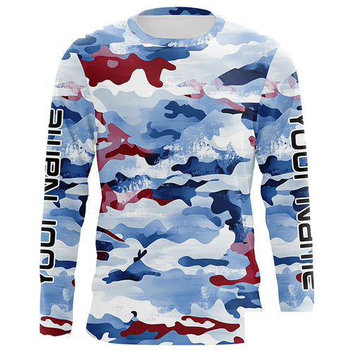 Red, White And Blue Camo Custom Patriotic Long Sleeve Fishing Shirts, Usa Fishing Jerseys IPHW7344