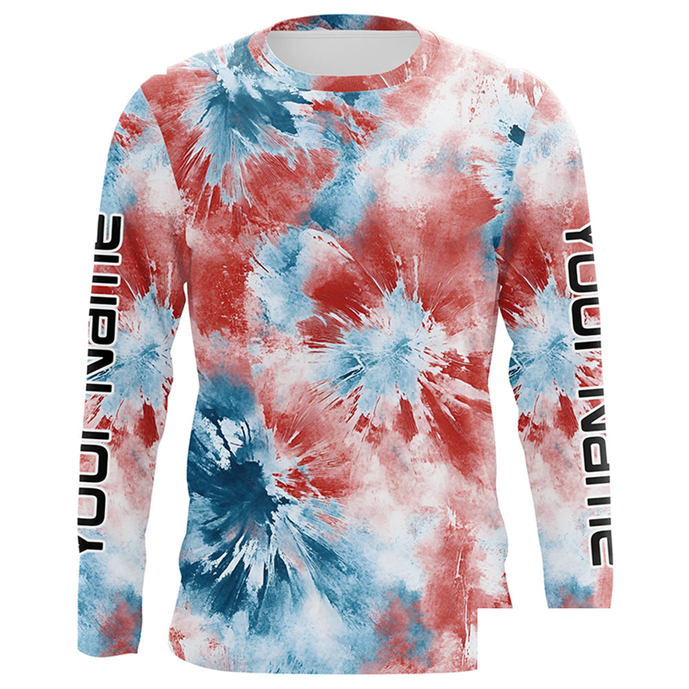 Red, White And Blue Tie Dye Personalized Patriotic Performance Fishing Shirts, Uv Fishing Apparel IPHW7347