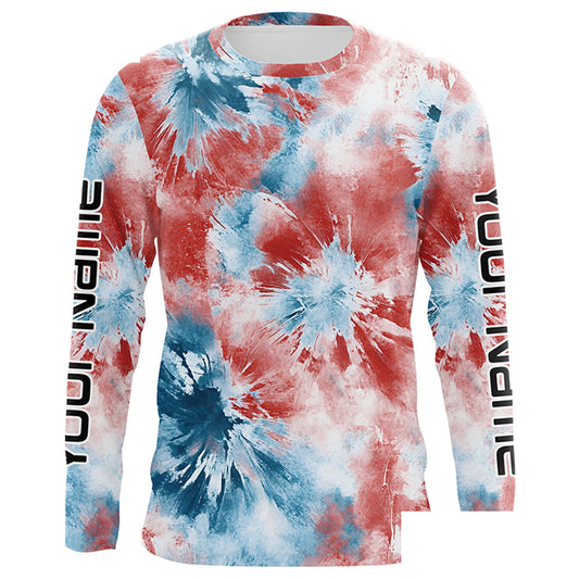 Red, White And Blue Tie Dye Personalized Patriotic Performance Fishing Shirts, Uv Fishing Apparel IPHW7347