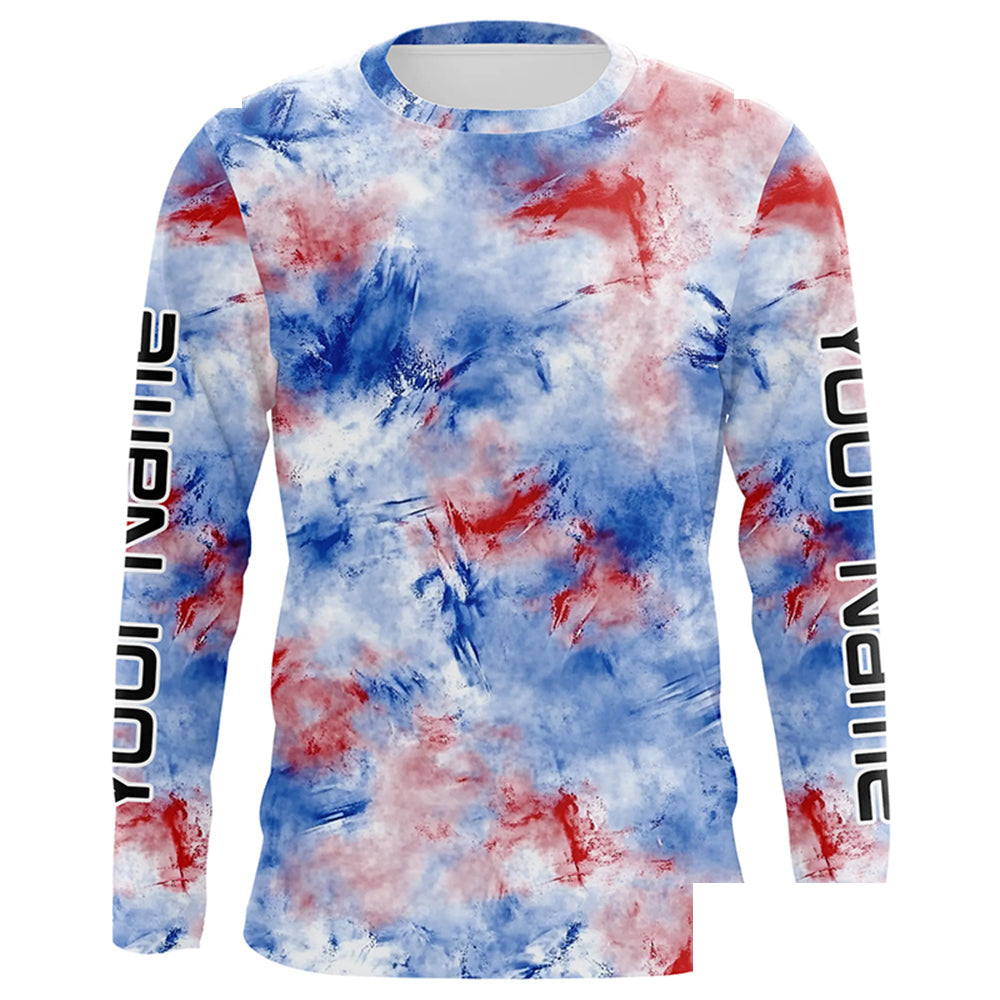 Red, White And Blue Tie Dye Personalized Patriotic Performance Fishing Shirts, Uv Fishing Apparel IPHW7348