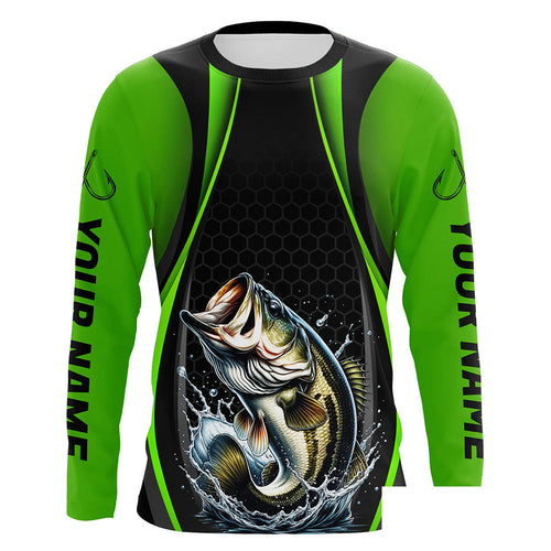 Custom Largemouth Bass Fishing Tournament Long Sleeve Fishing Shirts, Bass Fishing Jerseys | Green IPHW7368