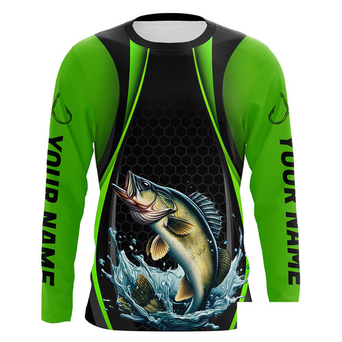 Custom Walleye Fishing Tournament Long Sleeve Fishing Shirts, Walleye Fishing Jerseys | Green IPHW7369