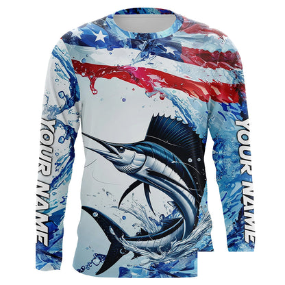 Personalized American Flag Sailfish Fishing Shirts, Patriotic Sailfish Long Sleeve Fishing Shirt IPHW6322
