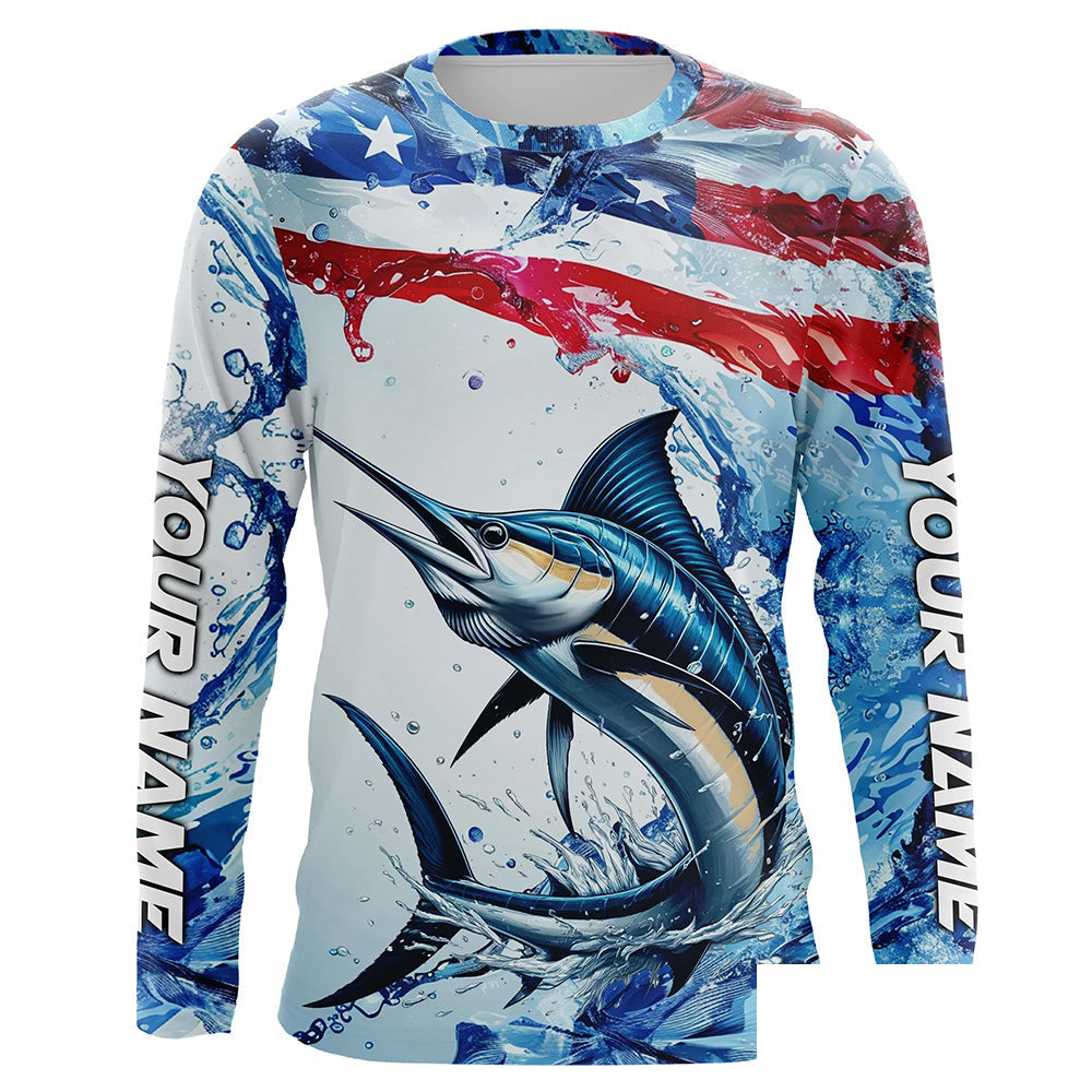 Personalized American Flag Marlin Fishing Shirts, Patriotic Marlin Long Sleeve Fishing Shirt IPHW6323