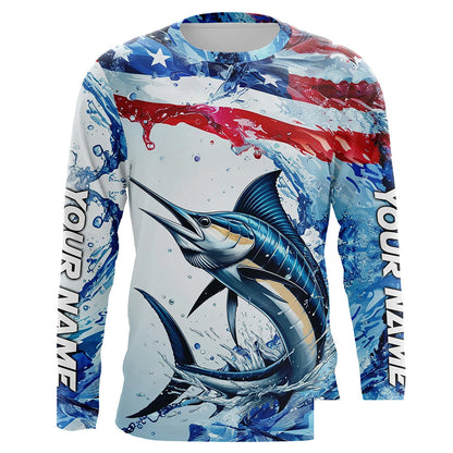 Personalized American Flag Marlin Fishing Shirts, Patriotic Marlin Long Sleeve Fishing Shirt IPHW6323