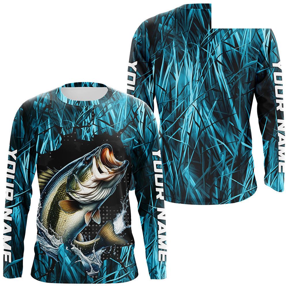 Largemouth Bass Fishing Custom Long Sleeve Tournament Shirts, Bass Fishing Jerseys | Blue Camo IPHW6358