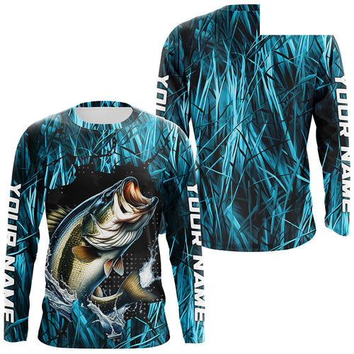 Largemouth Bass Fishing Custom Long Sleeve Tournament Shirts, Bass Fishing Jerseys | Blue Camo IPHW6358