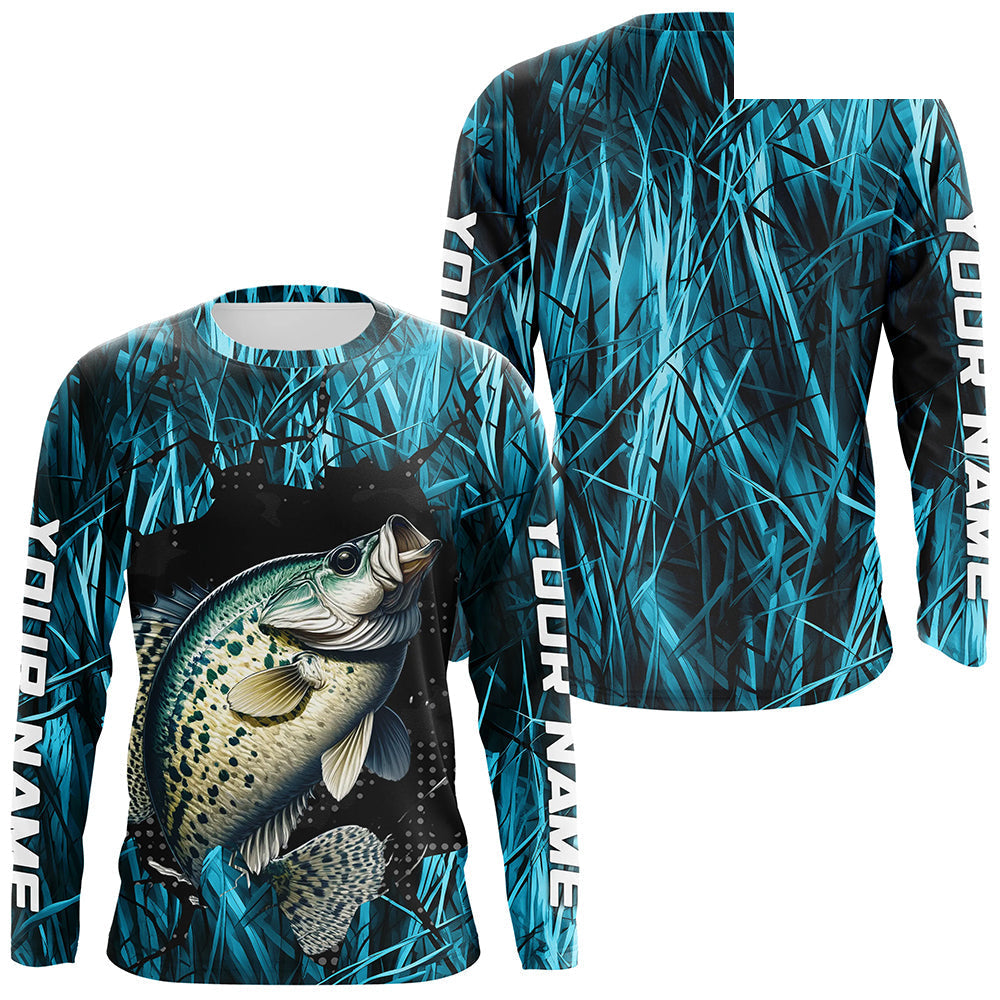 Crappie Fishing Custom Long Sleeve Tournament Shirts, Crappie Fishing Jerseys | Blue Camo IPHW6359