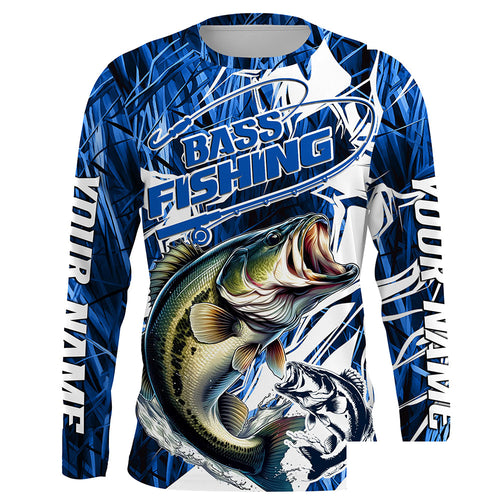 Personalized Largemouth Bass Long Sleeve Performance Fishing Shirts, Bass Fishing Jersey | Blue Camo IPHW6364