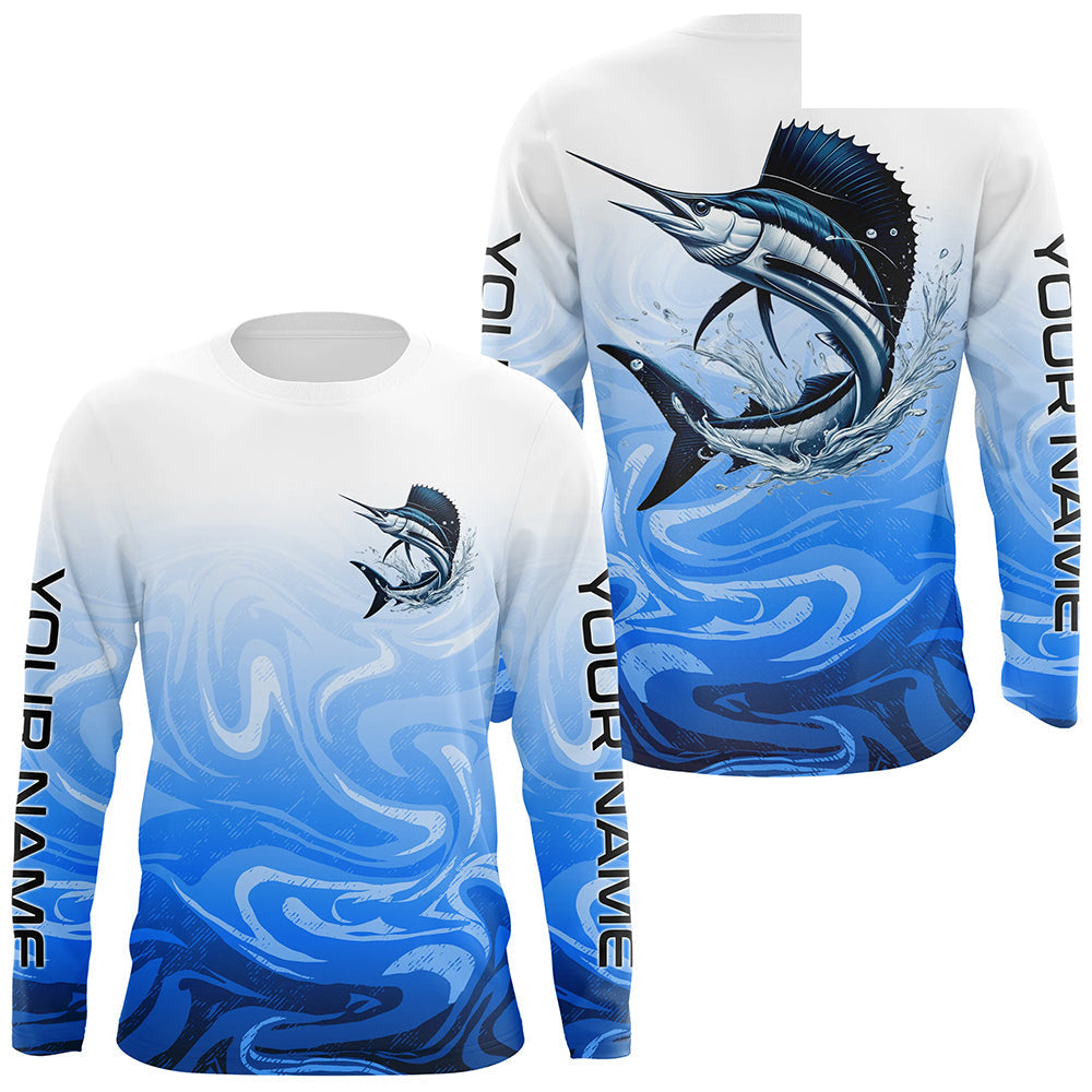Sailfish Fishing Custom Long Sleeve Shirts, Sailfish Saltwater Fishing Apparel | Blue Camo IPHW6368