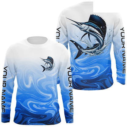 Sailfish Fishing Custom Long Sleeve Shirts, Sailfish Saltwater Fishing Apparel | Blue Camo IPHW6368