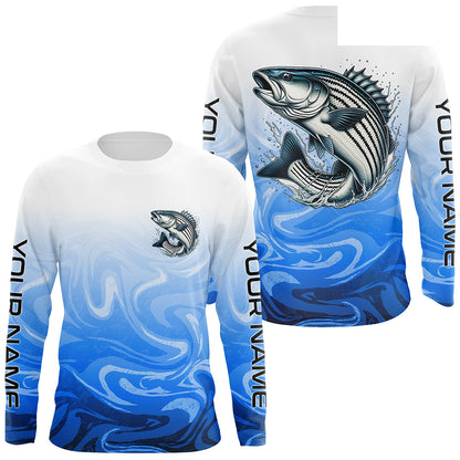 Striped Bass Fishing Custom Long Sleeve Shirts, Striper Saltwater Fishing Apparel | Blue Camo IPHW6370