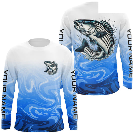 Striped Bass Fishing Custom Long Sleeve Shirts, Striper Saltwater Fishing Apparel | Blue Camo IPHW6370