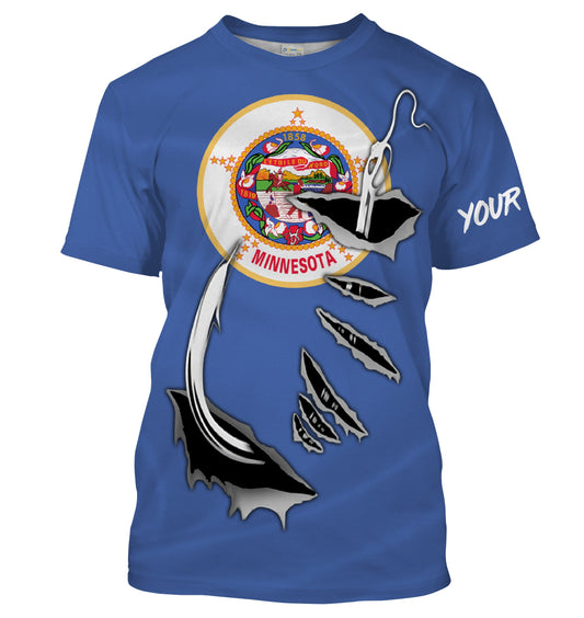 MN Fishing Minnesota Flag Fishing 3D Fish Hook Custom Men performance Fishing T Shirts - HPW37