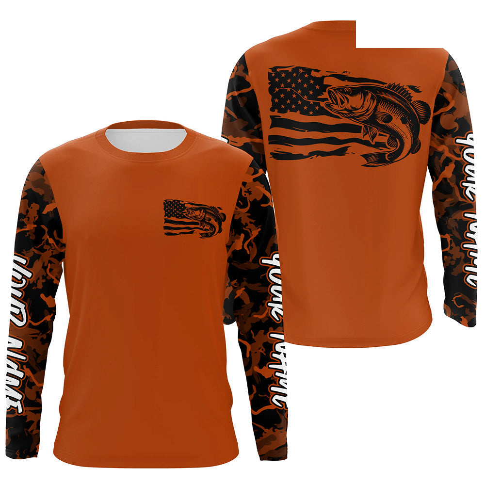 Orange Camo US Flag Largemouth Bass Custom Patrotic Long Sleeve Fishing Shirt, Bass Fishing Jersey IPHW8136