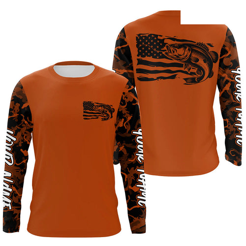Orange Camo US Flag Largemouth Bass Custom Patrotic Long Sleeve Fishing Shirt, Bass Fishing Jersey IPHW8136