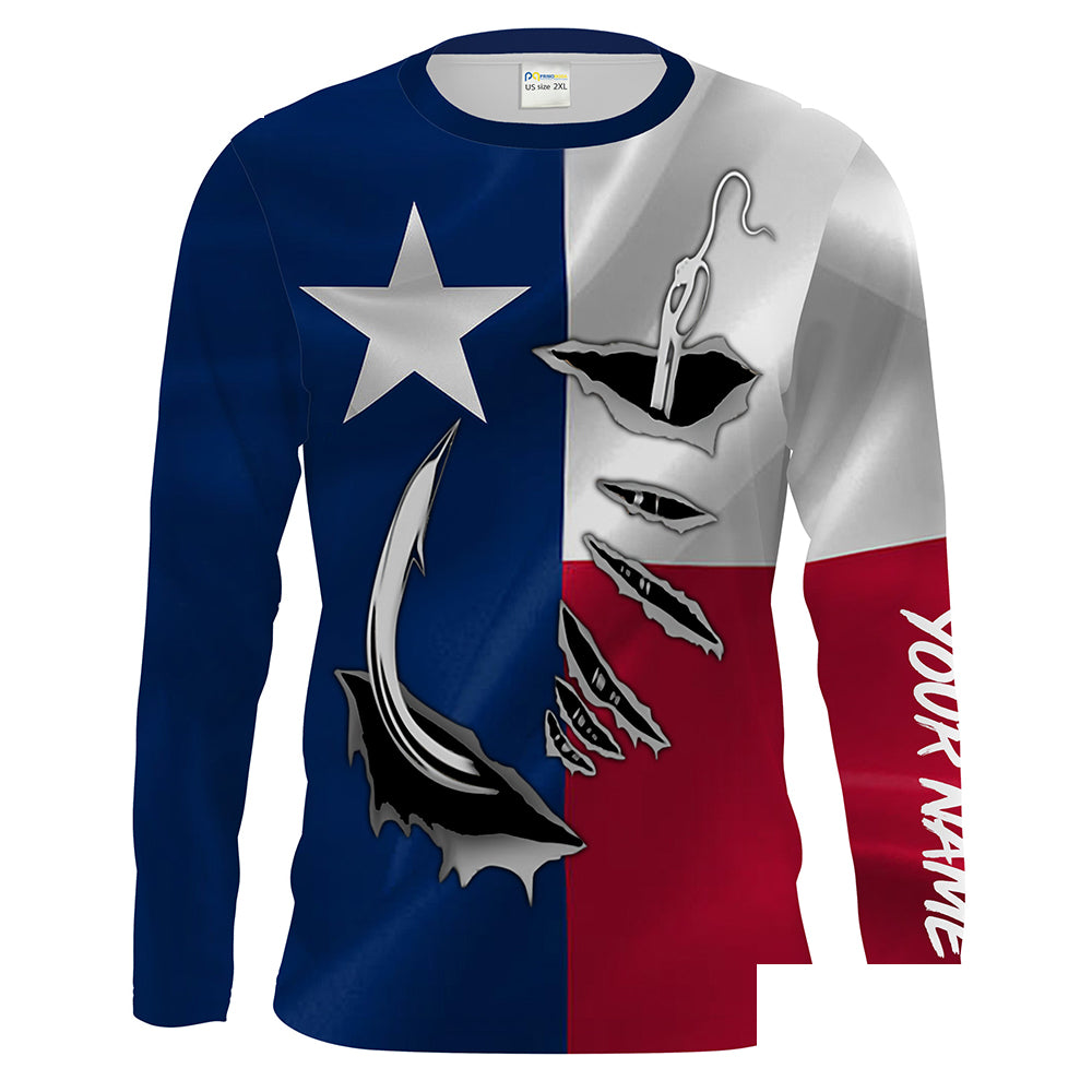 Custom Texas Flag Texas Fishing 3D Fish Hook UV Protection Men Long Sleeve personalized Fishing Shirts - HPW34