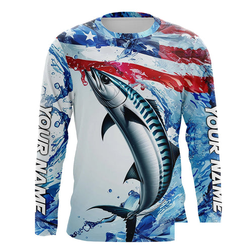 Custom Water American Flag King Mackerel Long Sleeve Fishing Shirts, Kingfish Team Fishing Jerseys IPHW6606