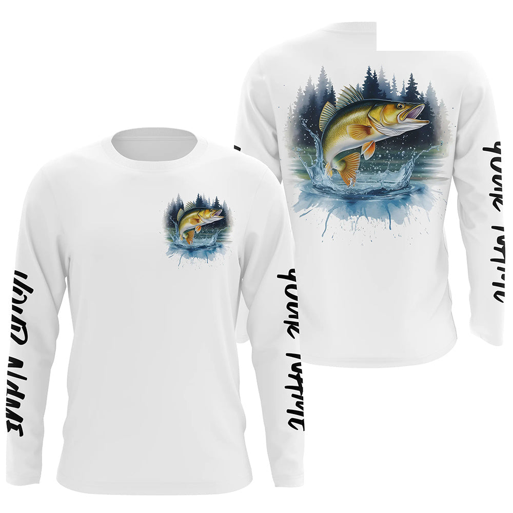 Watercolor Walleye Fishing Custom Long Sleeve Fishing Shirts, Walleye Tournament Fishing Shirt IPHW7962