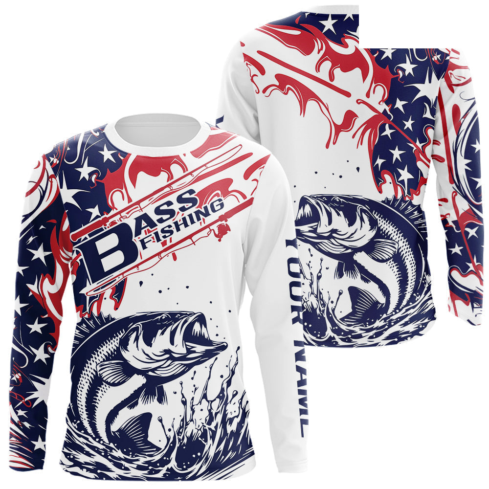 Custom American Flag Largemouth Bass Long Sleeve Fishing Shirts, Patriotic Bass Fishing Jerseys IPHW9132