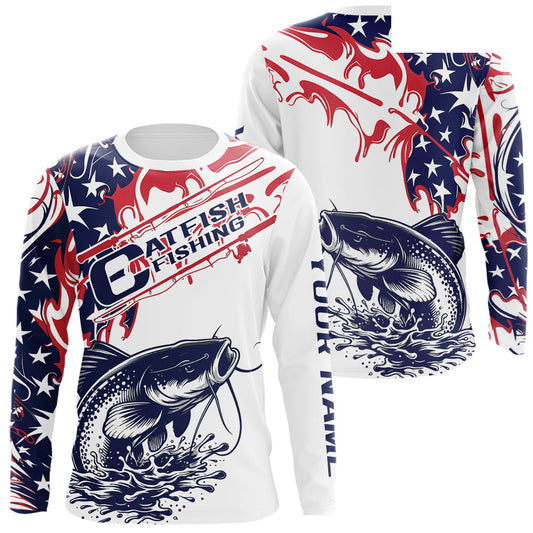 Custom American Flag Catfish Long Sleeve Fishing Shirts, Patriotic Catfish Fishing Jerseys IPHW9133