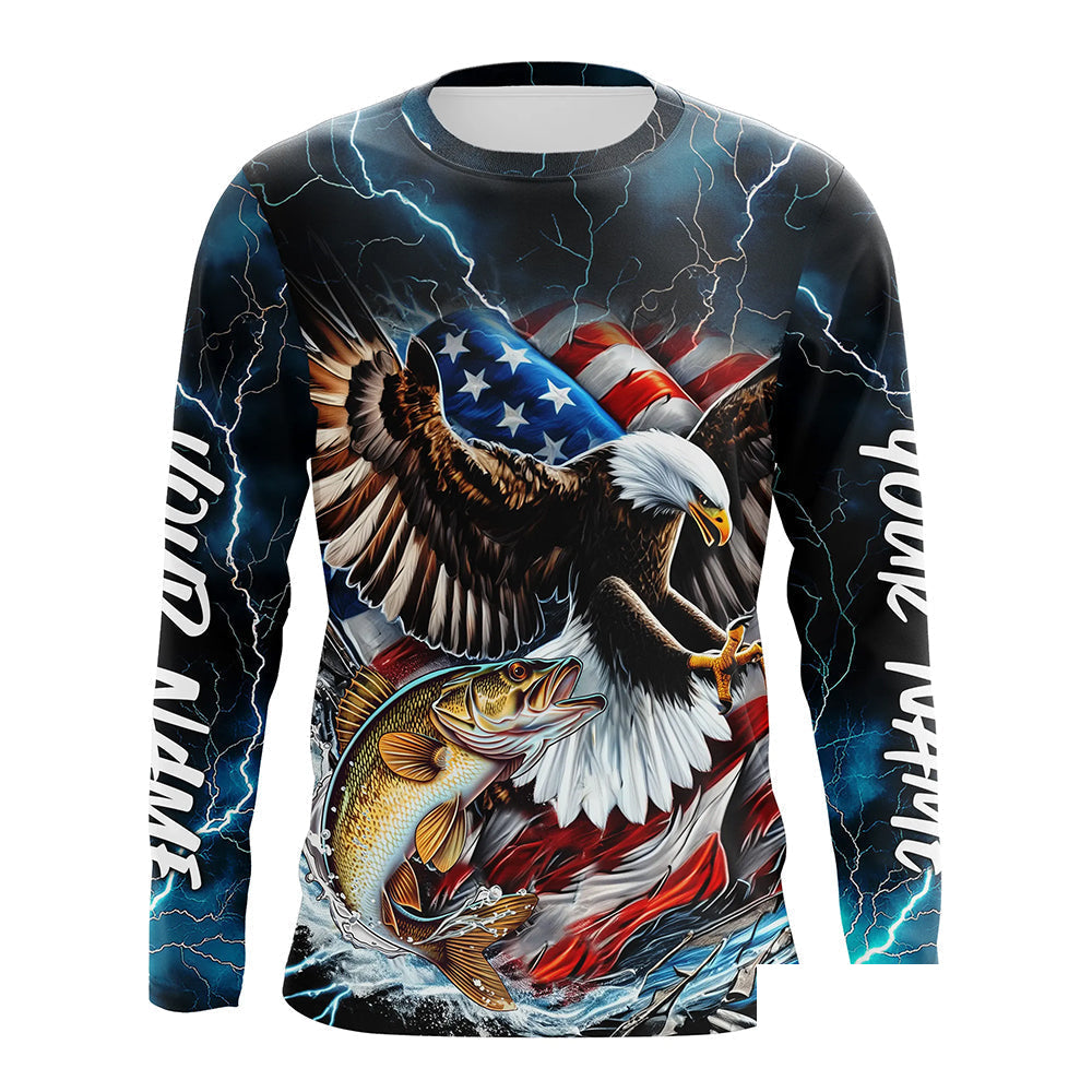 Blue Thunder Lightning US Flag Eagle Custom Patriotic Walleye Long Seeve Fishing Shirts IPHW8171
