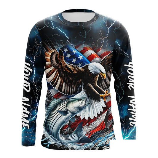 Blue Thunder Lightning US Flag Eagle Custom Patriotic Striped Bass Long Seeve Fishing Shirts IPHW8172