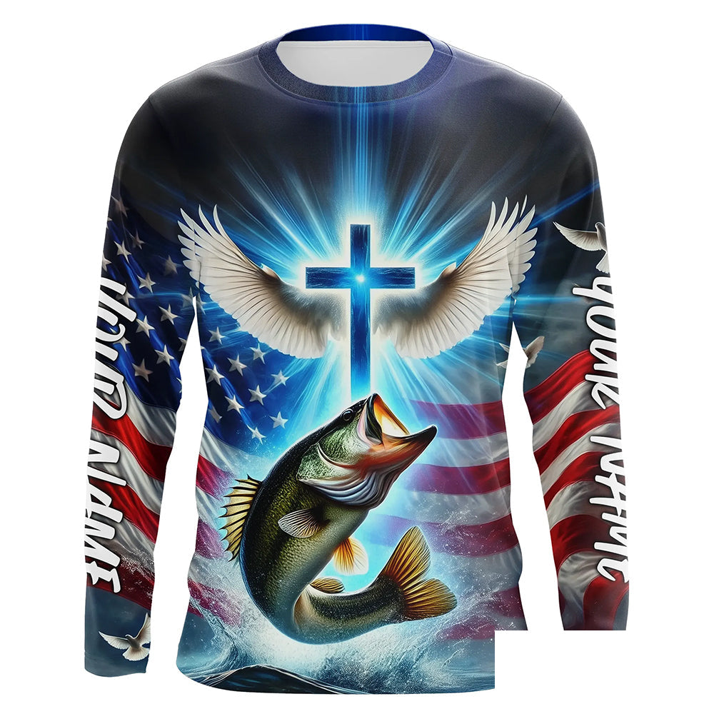Custom Faith Largemouth Bass Patriotic Long Sleeve Tournament Fishing Shirt, US Fishing Jerseys IPHW8173