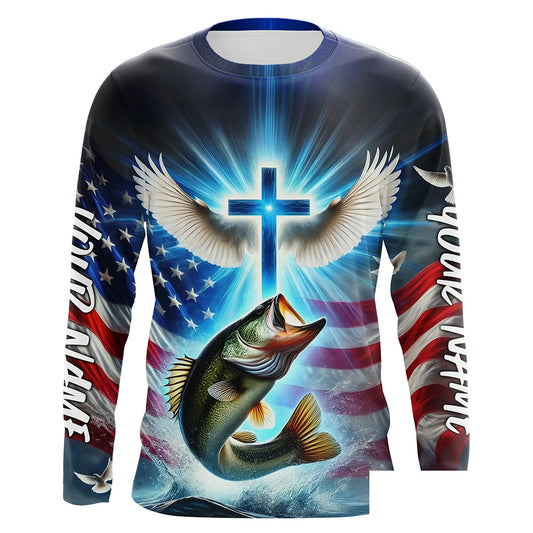 Custom Faith Largemouth Bass Patriotic Long Sleeve Tournament Fishing Shirt, US Fishing Jerseys IPHW8173