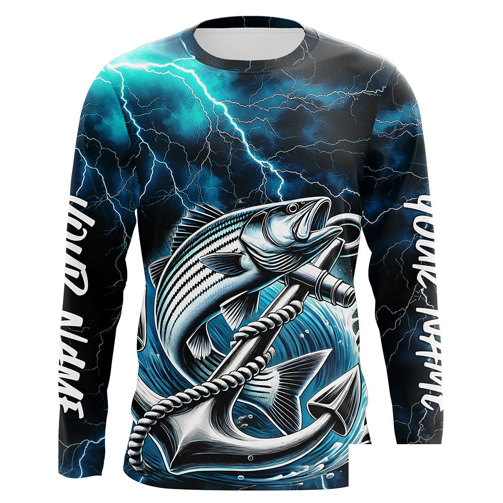 Blue Thunder Lightning Anchor Custom Nautical Striped Bass Long Sleeve Fishing Shirts For Men IPHW8179
