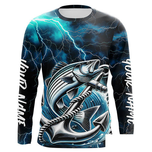 Blue Thunder Lightning Anchor Custom Nautical Striped Bass Long Sleeve Fishing Shirts For Men IPHW8179