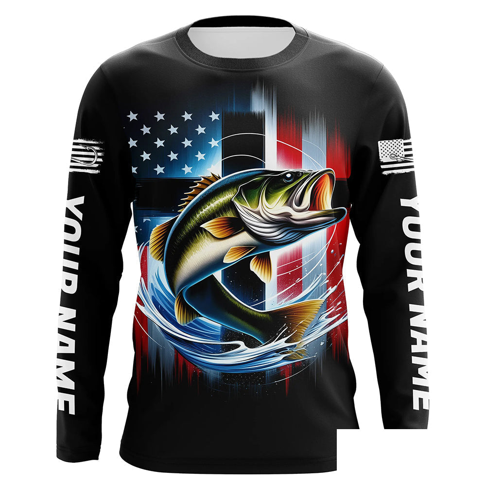 American Flag Cross Custom US Patriotic Largemouth Bass Long Sleeve Tournament Fishing Shirts IPHW8185