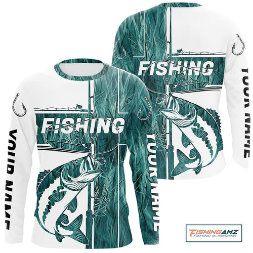 Custom Greenish Blue Grass Camo Cross Faith Largemouth Bass Long Sleeve Tournament Fishing Shirt IPHW9149