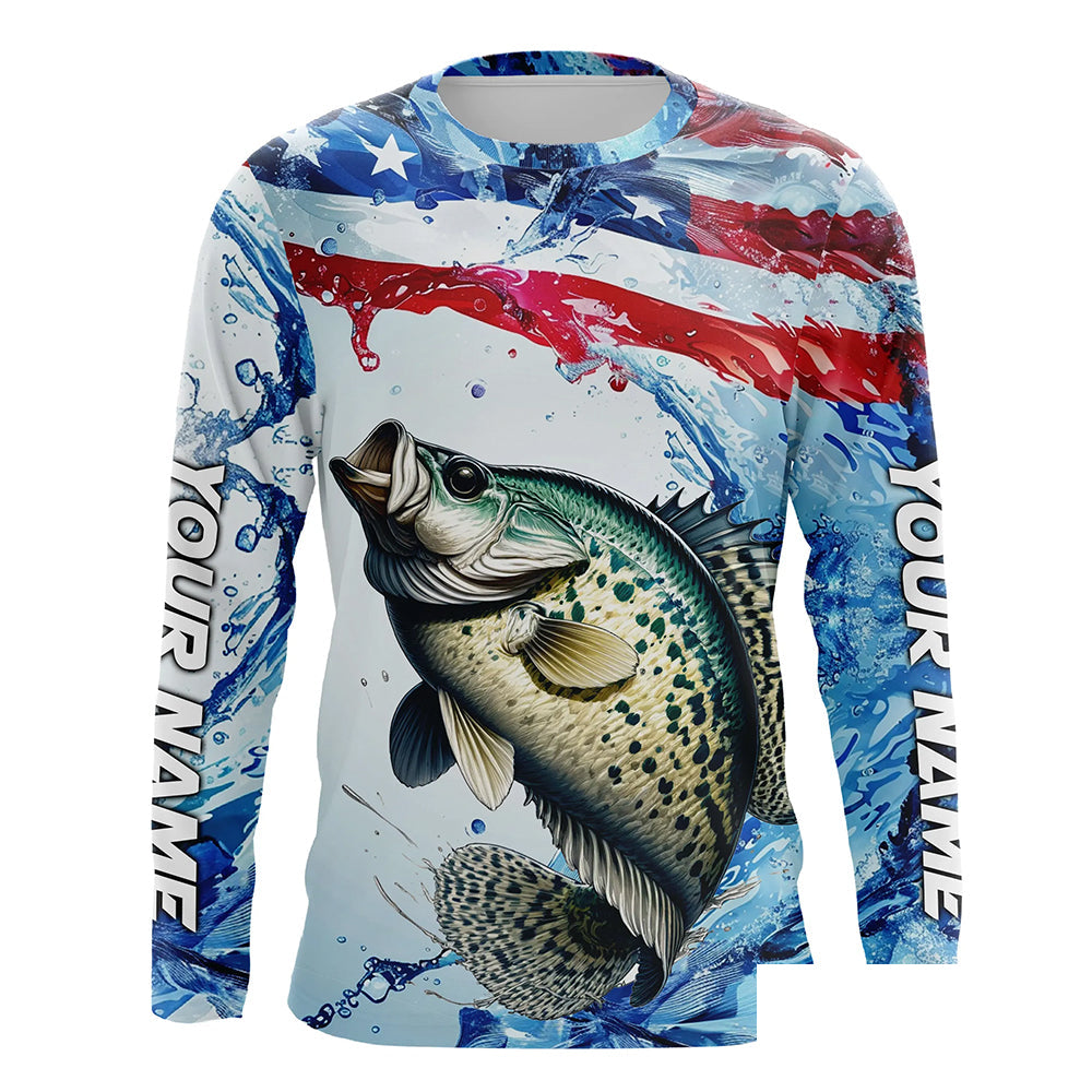 Personalized Patriotic Crappie Long Sleeve Fishing Shirts, American Flag Fishing Shirts IPHW7187