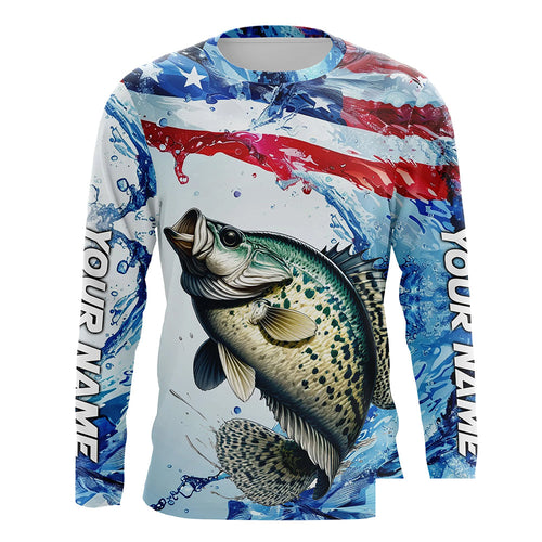 Personalized Patriotic Crappie Long Sleeve Fishing Shirts, American Flag Fishing Shirts IPHW7187
