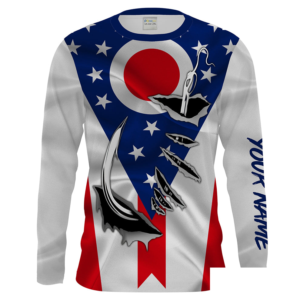 OH Fishing 3D Fish Hook Ohio Flag UV protection Custom Men Long Sleeve performance Fishing Shirts - HPW43