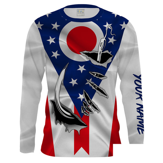 OH Fishing 3D Fish Hook Ohio Flag UV protection Custom Men Long Sleeve performance Fishing Shirts - HPW43