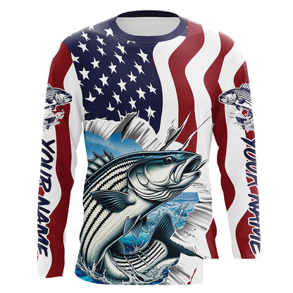 Custom American Flag Striped Bass Long Sleeve Fishing Shirts, Patriotic Striper Fishing Jerseys IPHW6117